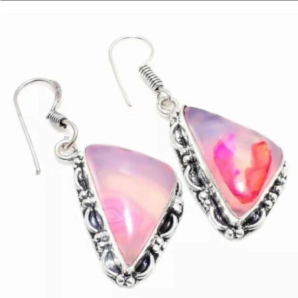 Pink Lace Agate Gemstone 925 sterling silver earrings